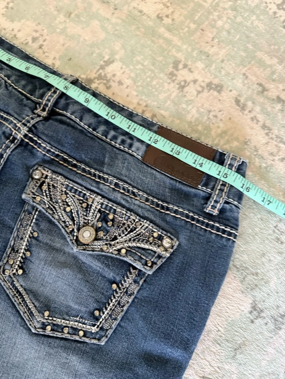 Maurices Women’s Dark Blue Flare Jeans with Rhinestone Details, Size 7/8 Short - Picture 4 of 9